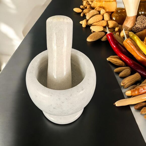 Marble Mortar and Pestle, white stone grinder for herbs & spices Christmas gift - Picture 1 of 7